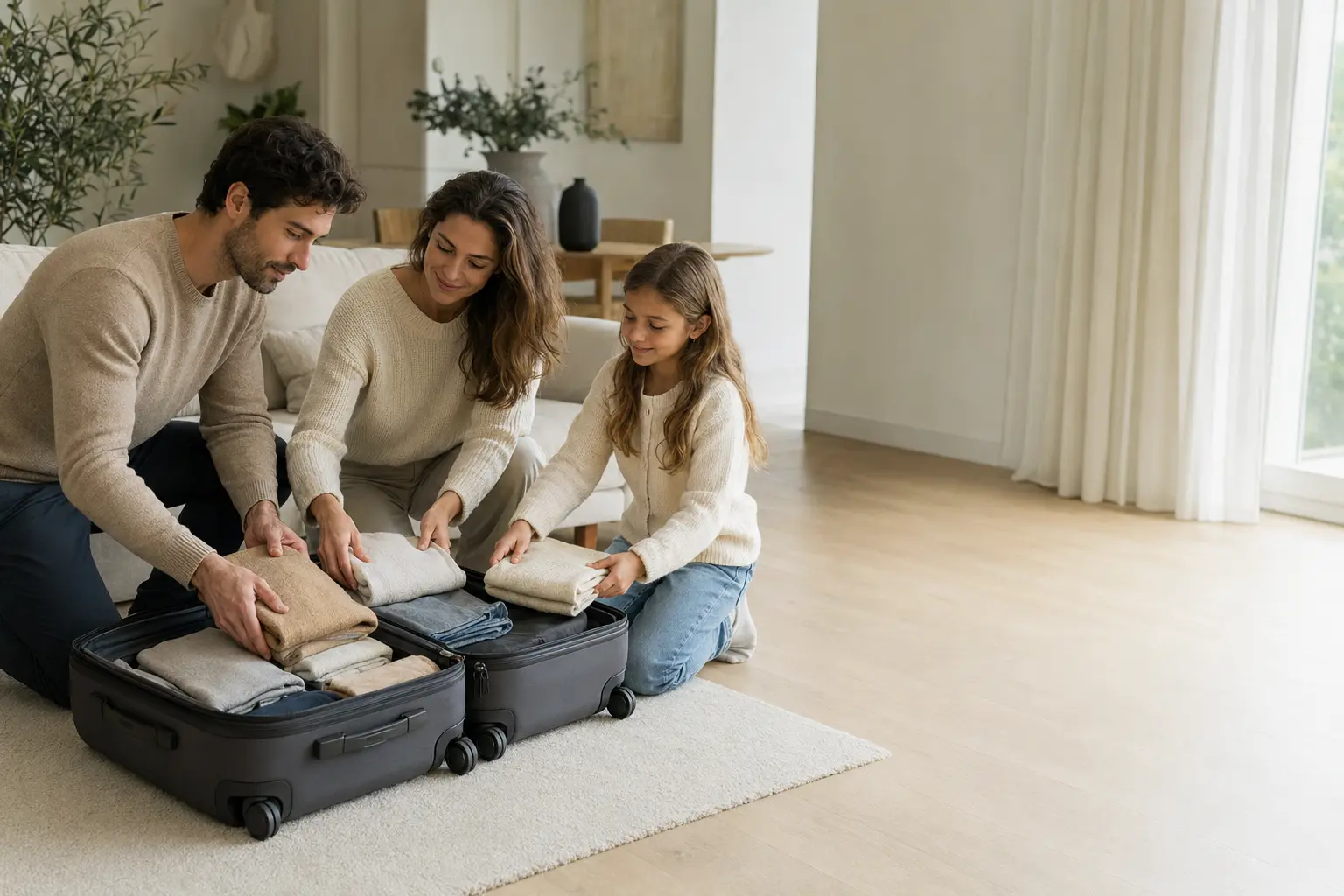 Une famille prépare ensemble une valise dans un intérieur lumineux
